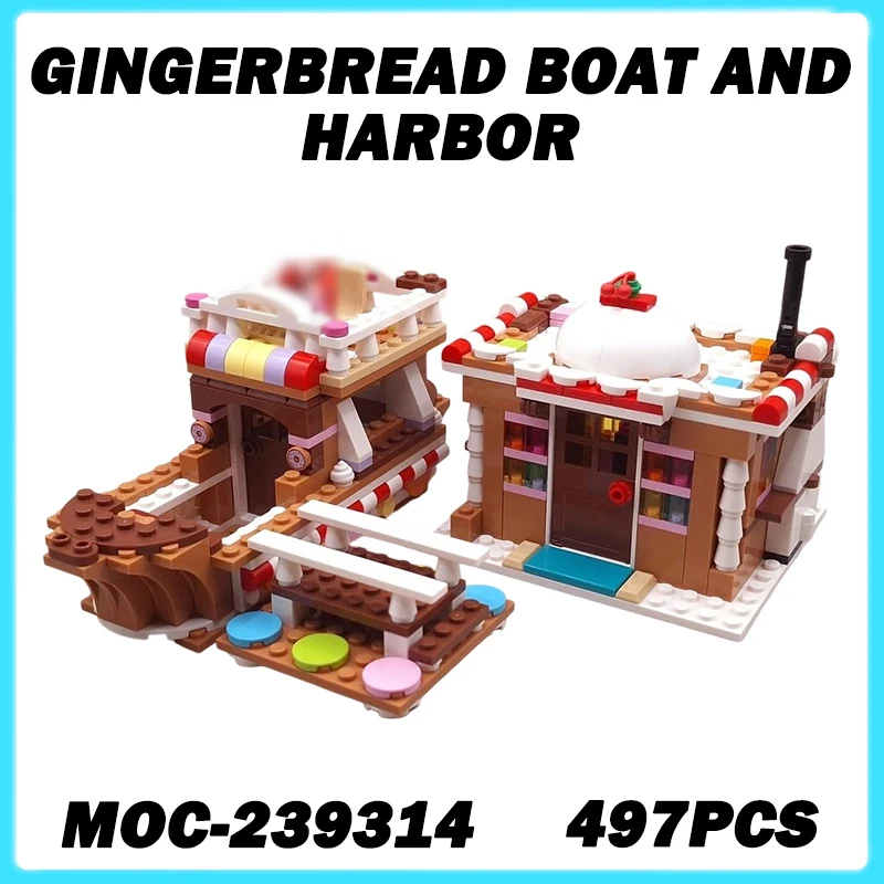 

497 шт. MOC-239314 пряничная лодка и модель гавани, строительные блоки, кирпичи, креативные рождественские игрушки, детский подарок, серия Street View