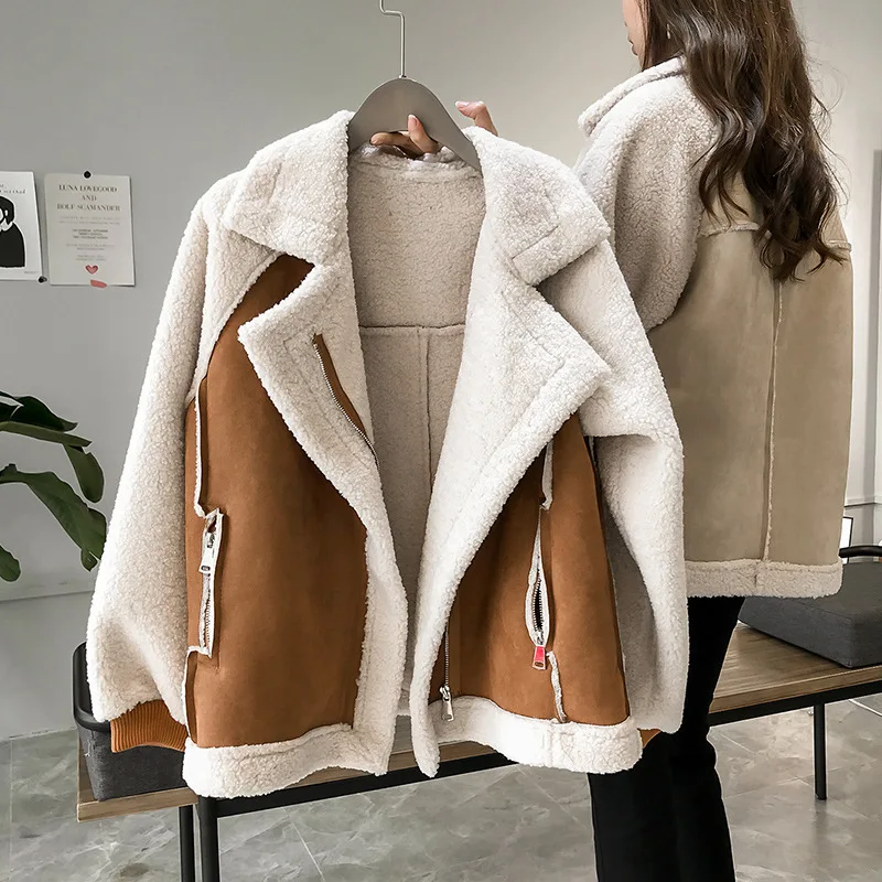 Women Faux Suede Shearling Jacket Lapel Collar Zip Up Long Sleeve Patchwork Warm Winter Coat Loose Casual Fleece Lined Outerwear
