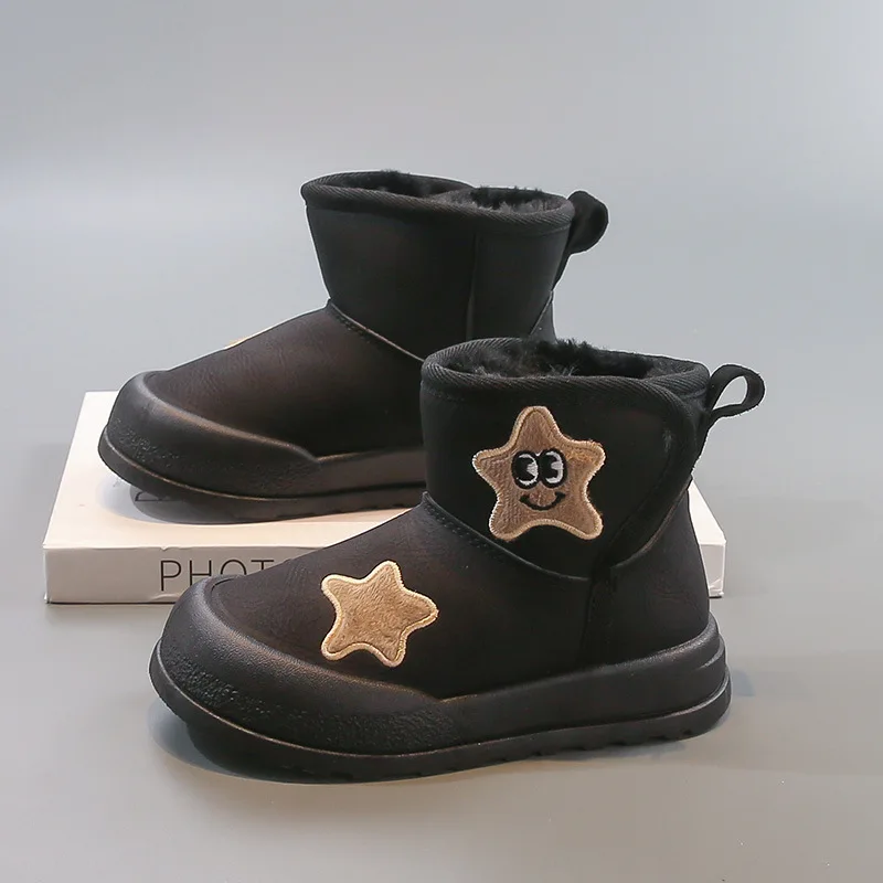 كارتون ستار أطفال أحذية الثلوج الشتاء الصلبة بولي PU أفخم سميكة بنين بنات حذاء الكاحل الدافئة هوك حلقة لينة أسفل الأطفال الأحذية