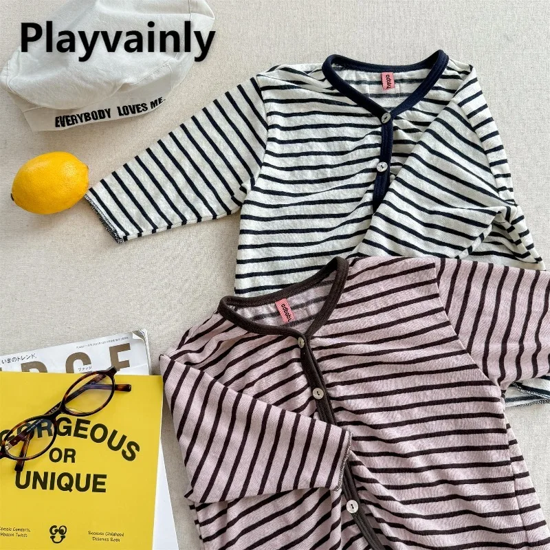 

Детские весенне-осенние тонкие и дышащие пальто в корейском стиле, розовые, бежевые топы в полоску с v-образным вырезом и длинными рукавами, детская одежда для девочек A6280