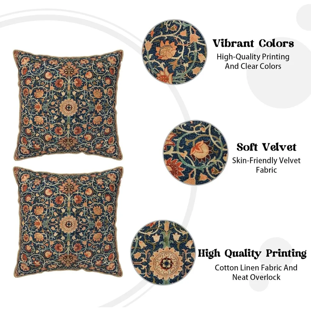 Vintage Floral Soft Velvet Throw Pillow Covers Set of 2 Burnt Orange Navy Flowers Plant 18x18 Inch Art Botanical Pillow Cases