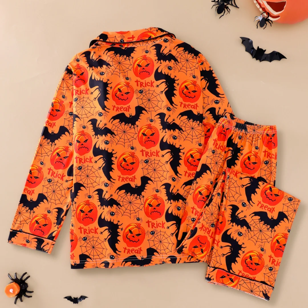 Pigiama da donna con stampa pipistrello zucca arancione Pantaloni a maniche lunghe a tema Halloween Set da indossare per la casa primavera autunno