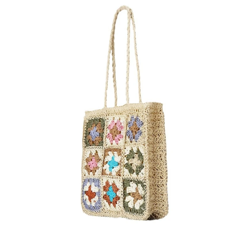 SANGUSTI Retro Hand Knitting  Straw Bag Ethnic Style Patchwork Floral Fashion Versatile Handbag Vacation Shoulder Bag