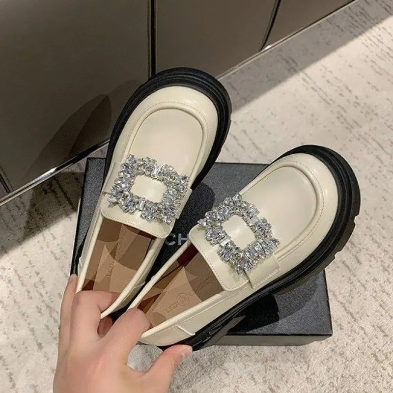 NEW Brand Rhinestone Buckle Shoes Ladies 2024 Thicken Soled Flats Japanned Leather Oxfords Women Casual Slip On Lolita Shoes