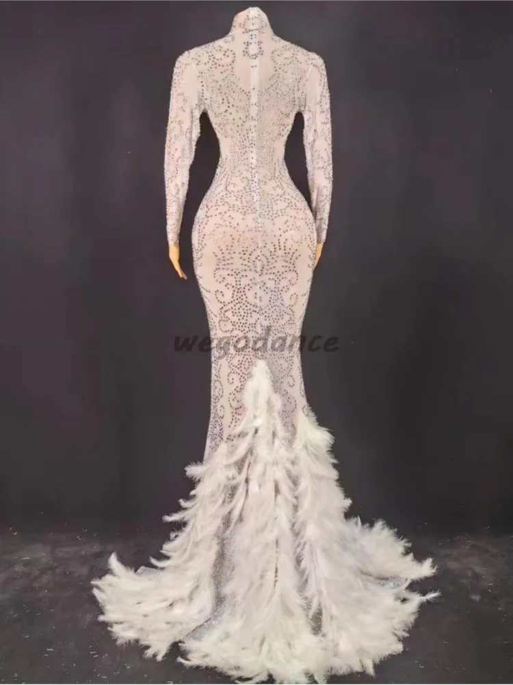 Vestido largo de tren de plumas de diamantes de imitación para mujer, traje de celebración de cumpleaños de boda, traje de espectáculo de fiesta de noche, nuevo