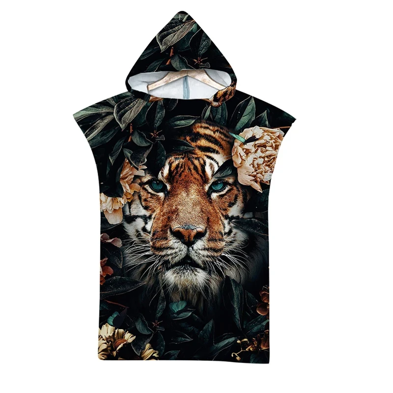 

Пляжное полотенце с капюшоном и принтом животного тигра для взрослых, быстросохнущее банное полотенце для бассейна, пончо с плащом, халат для фитнеса