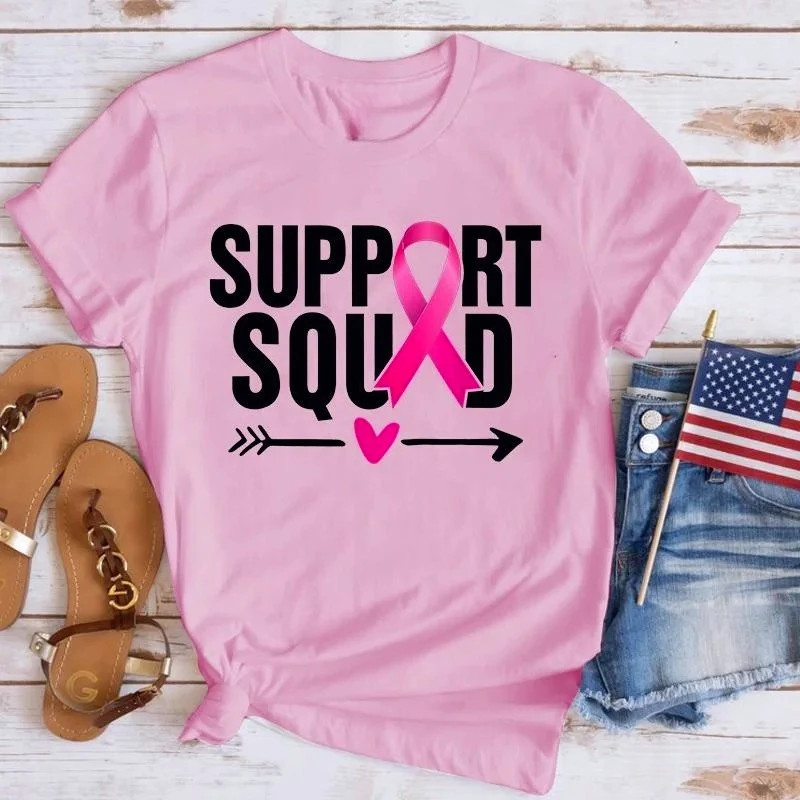 Breast Cancer Awareness Support Squad Letter Printed Short Sleeve Shirts Women Summer Round Neck Tee Shirt Casual Funny Tee Tops