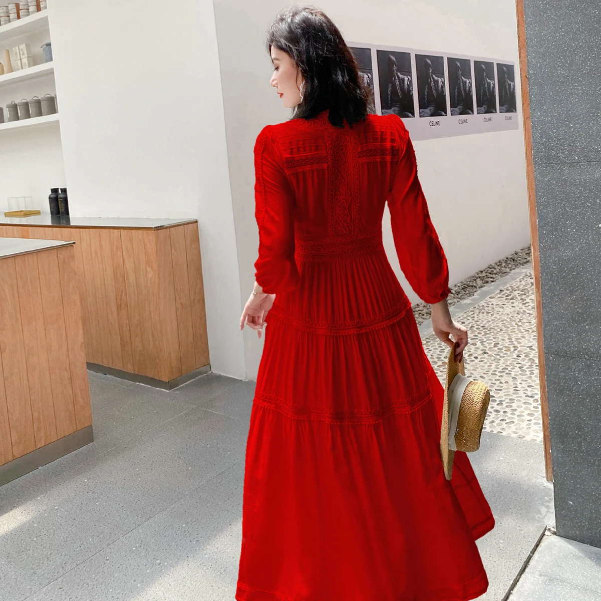 Jaastie V-Neck Spring Autumn Dress Women Bohemian Retro Embroidery Long Dresses Hippie Casual Boho Beach Holiday Maxi Dress