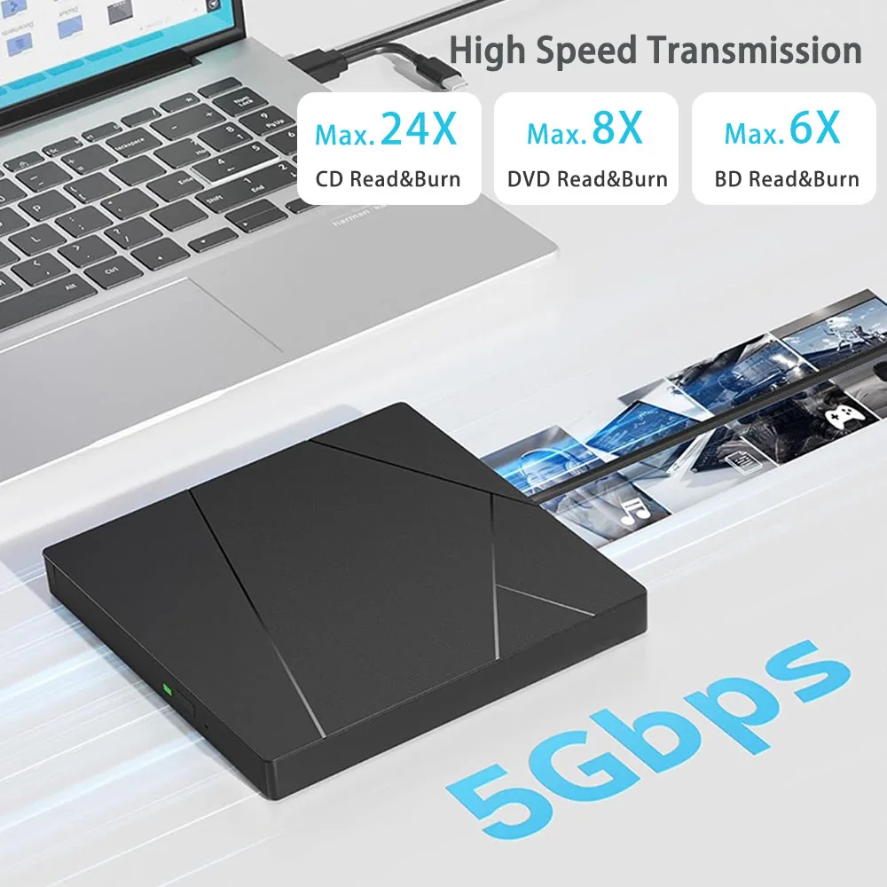 External Blu-ray Drive for Laptop PC USB 3.0 BD CD DVD RW Player Support 50G Disc Reader Burner Suitable for Windows10/11 Mac OS