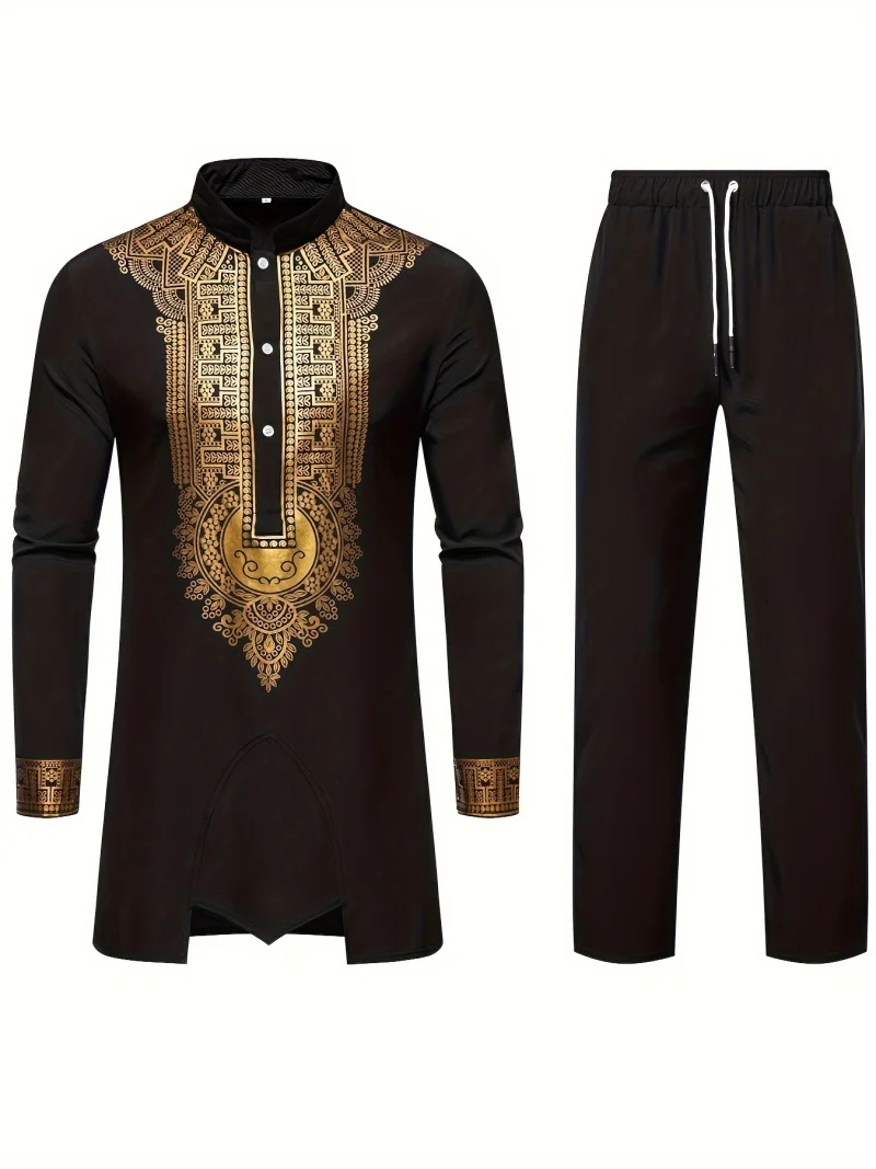 2024 Middle East Traditional Muslim Robe 3D Printed Long Sleeve Long Pants Arabian Men\'s Clothing Loose Breathable Two Piece Set