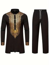 2024 Middle East Traditional Muslim Robe 3D Printed Long Sleeve Long Pants Arabian Men's Clothing Loose Breathable Two Piece Set