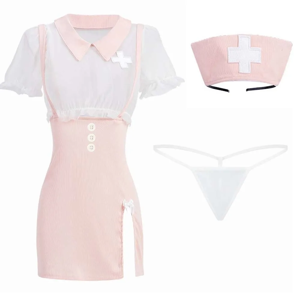

Short Sleeved Shirt Mesh Nurse Dress Panties with Hairband Underpants Mesh Nurse Skirt Uniform Transparent Low Waist