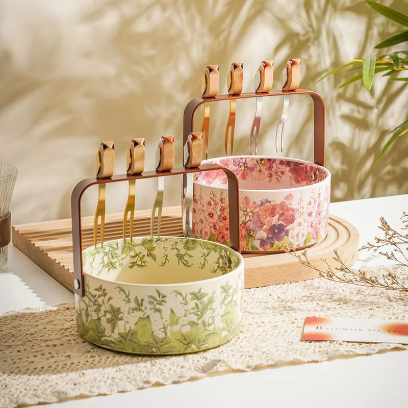 Elegant Ceramic Handled Fruit Basket with Magnetic Forks Round Living Room Snack Serving Set for Home Decor