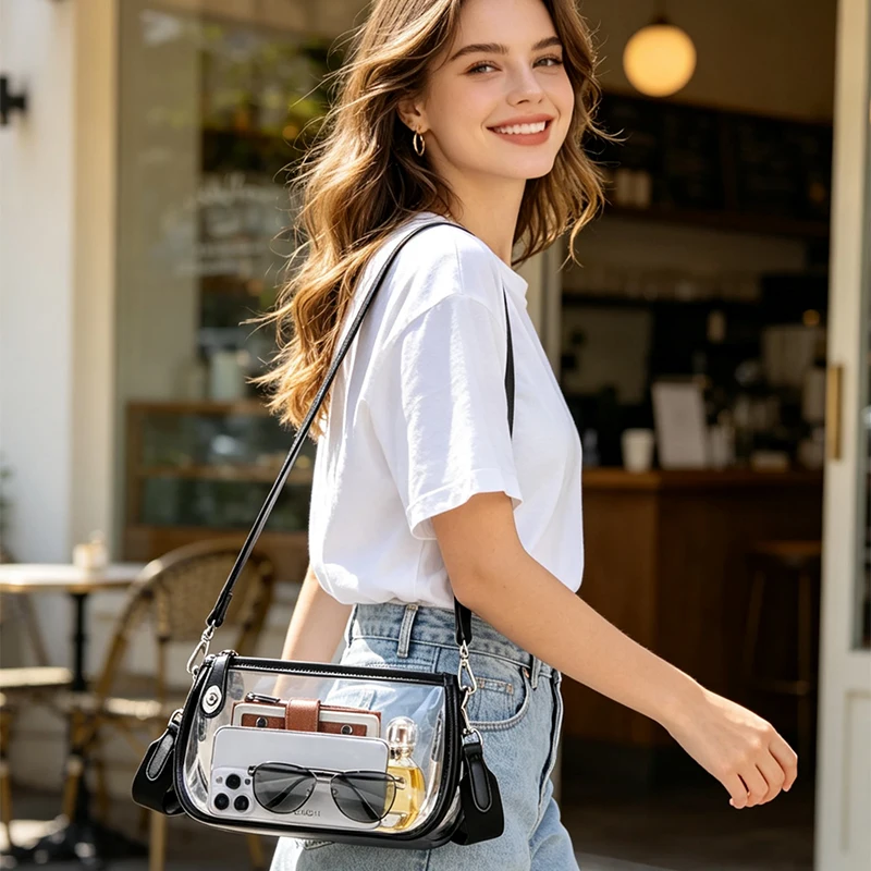 Transparente PVC-Schultertasche mit verstellbarem Riemen, wasserdichte Damen-Handtasche, vielseitige Freizeittasche, Reißverschluss, leichtgewichtig – Detail 9