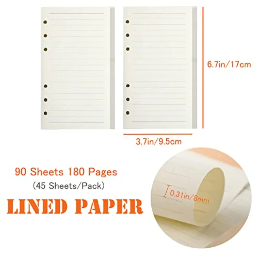 Refillable A6 Notebook Set with Cover 6 Hole Loose Leaf PU Binder Cover + 90 sheets 180 Pages of Lined Paper + 1pcs A6 Zipper B