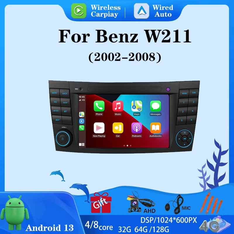 أندرويد 13 لمرسيدس بنز الفئة E W211 E200 E220 E240 E280 سيارة مشغل وسائط متعددة راديو CarPlay 8Core Auto 4G Wifi GPS Navi