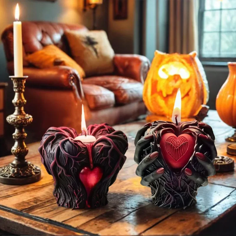 Halloween Decorative Hand Holding Heart Scented Candle Silicone Mold DIY Horror Resin Ornaments Moulds