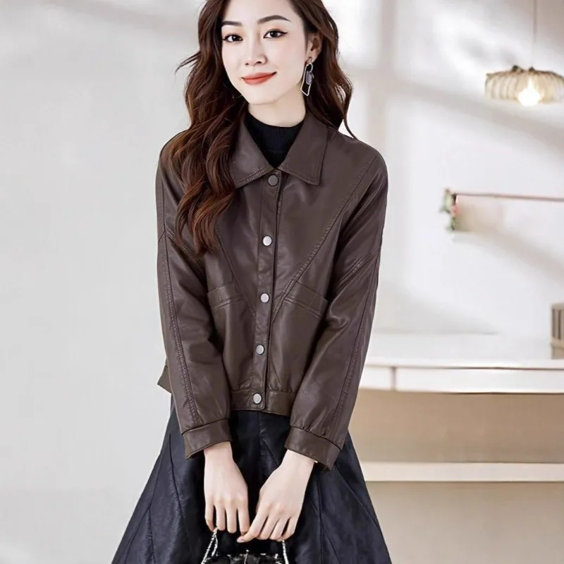 Nuevas chaquetas de cuero informales de primavera y otoño para mujer, chaquetas de motocicleta de cuero Pu holgadas y adelgazantes, chaquetas cortas de moda