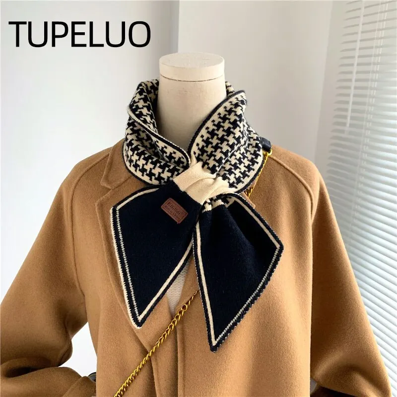 Warm Cashmere Neck Tie Scarf for Women Knitted Winter Houndstooth Long Skinny Soft Scarves Bandana Female Echarpe