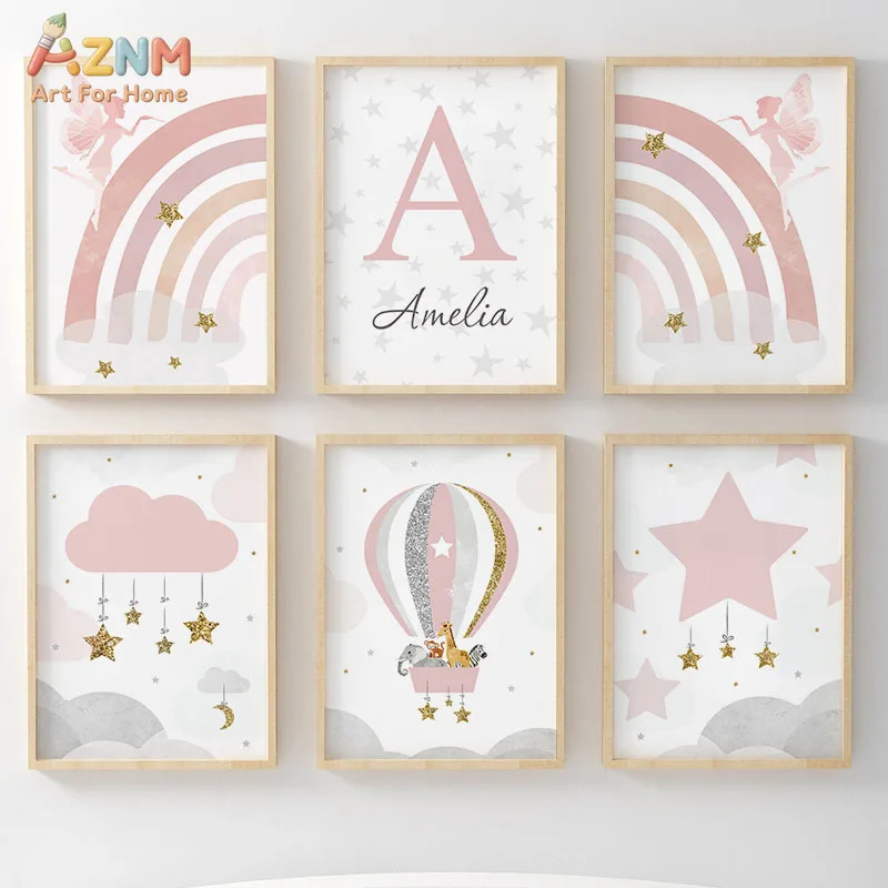 AZNM Pastel Pink Rainbow Fairy Hot Air Balloon Canvas Wall Art, Custom Name Star Cloud Nursery Kids Room Aesthetic Home Decor Un