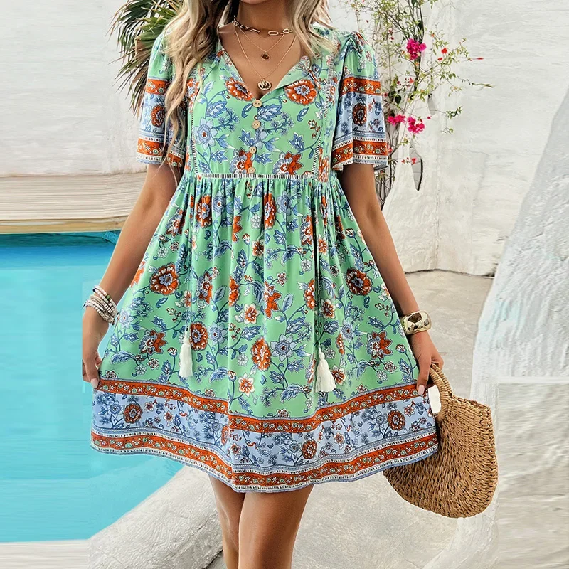 Mini vestido de manga curta com decote V feminino, vestidos boho, estampado com flores, praia, feriado, casual, verão