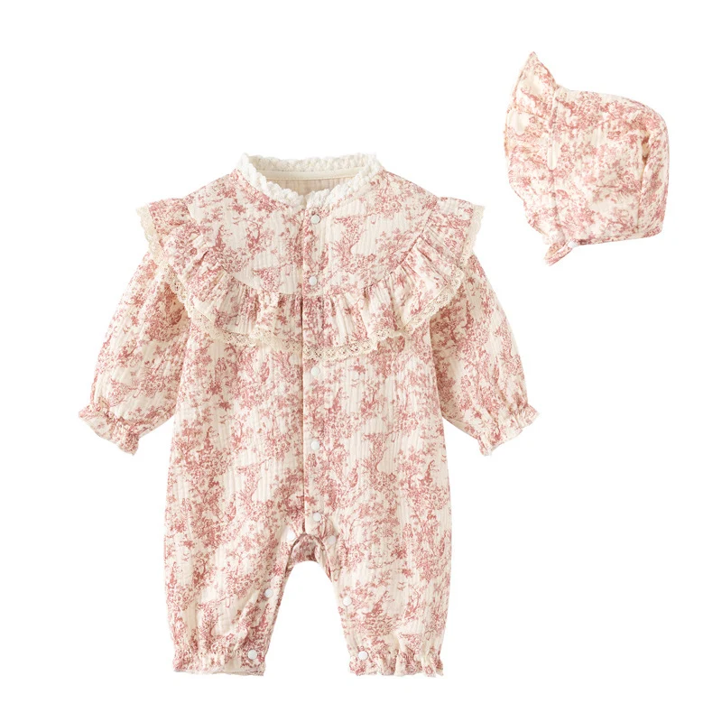 2026 New Spring 0-24M Baby Girl Clothing Toddler Baby Girl Romper+Hat Long Sleeved Cotton Print Infant Baby Girls Jumpsuit
