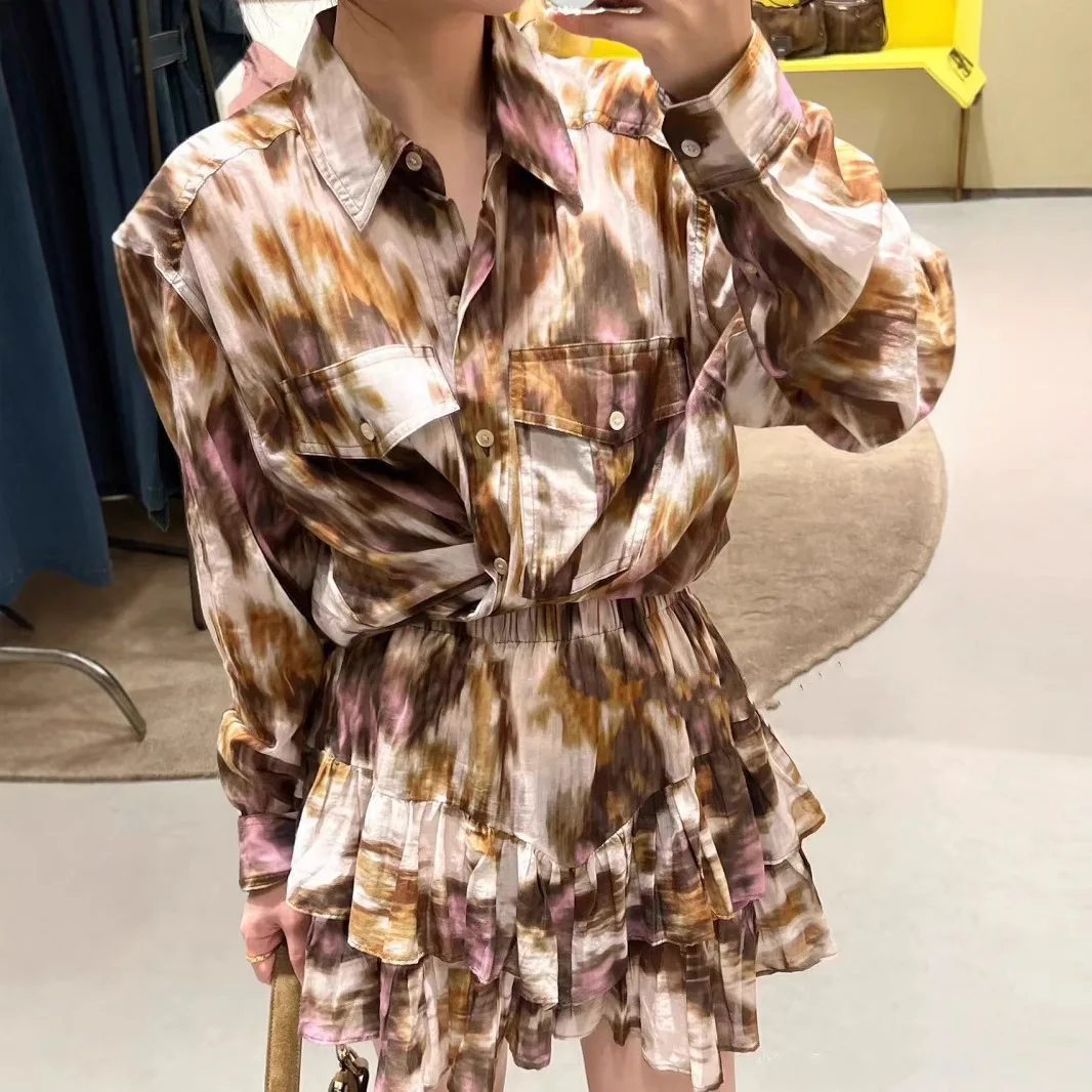 

Ele Spring Summer New Sle Cotton Gauze irt with Bell Sve Hem Print Button Detail High Waist Pants Faion Set