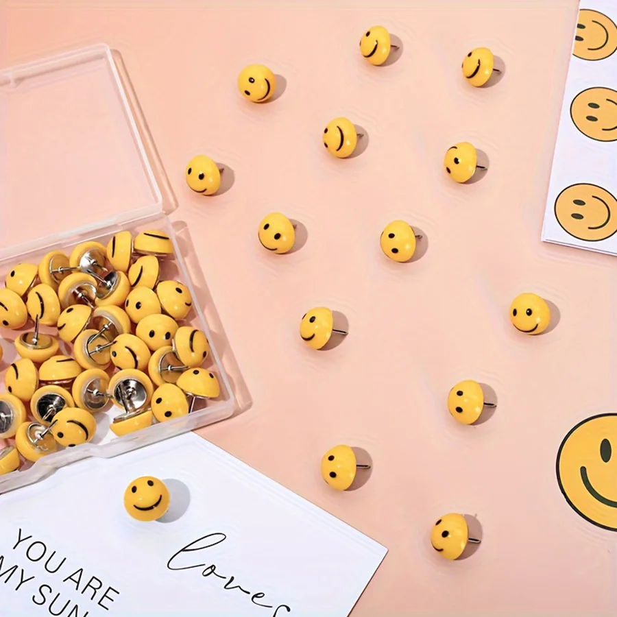 Juego de Piones Decorativos con Caras Sonrientes Amarillas para Tablero de Corcho, Pared de Fotos, Tablón de Anuncios, Hogar, Oficina, Material Escolar