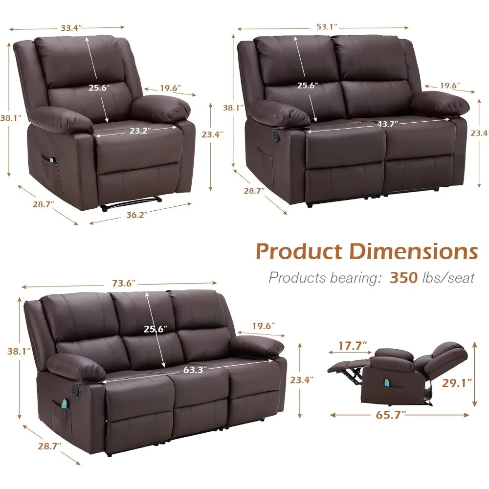 3 Pieces Recliner Sofa Set,Overstuffed Recliner Sofa with Massage&Heat Function,Modern Manual Control Faux Leather Couch Set