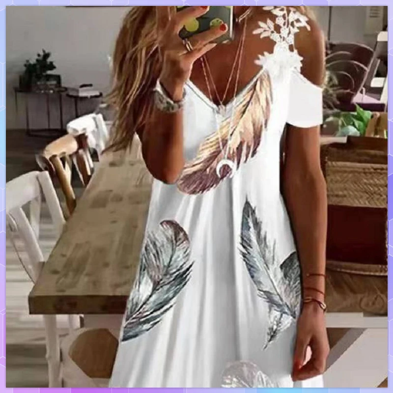 

Summer Printed Street Holiday Elegant Mini Dresses For Women Office V-Neck Off Shoulder Sexy A Line Short Sleeve Dress Ladies