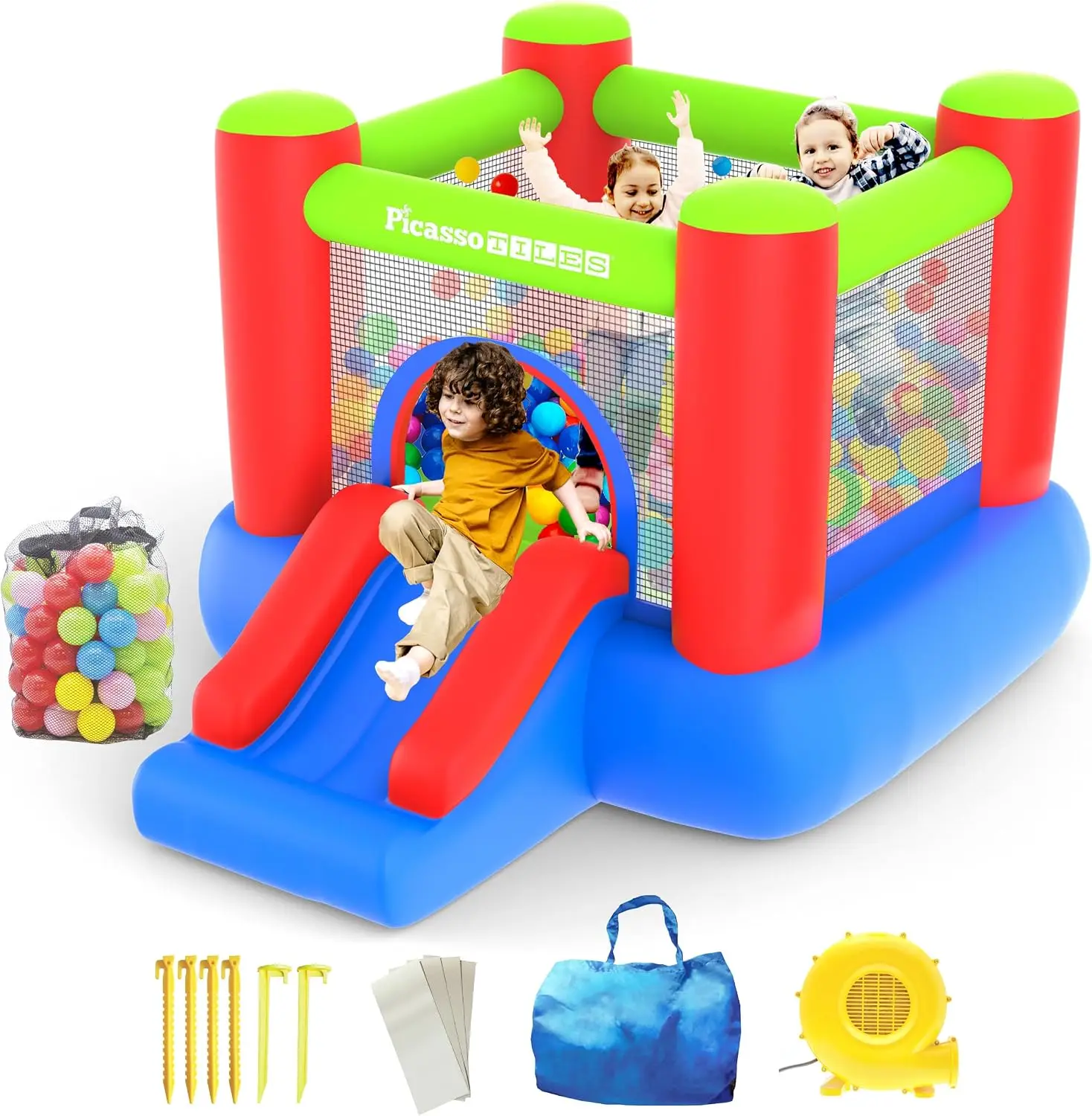 PicassoTiles KC106 8x7 Foot Junior Inflatable Bouncer, Kid Park, Jumping Bouncing House, Jump Slide Playhouse w/ 50 Pit Balls, 3