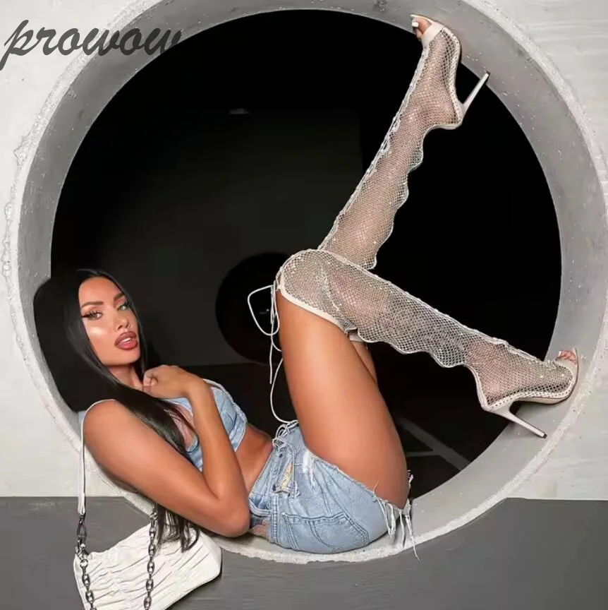 

Prowow/Новые высокие сапоги до бедра с бриллиантами и кристаллами, сандалии на шпильке с украшением стразами, женская обувь Zapatos Mujer