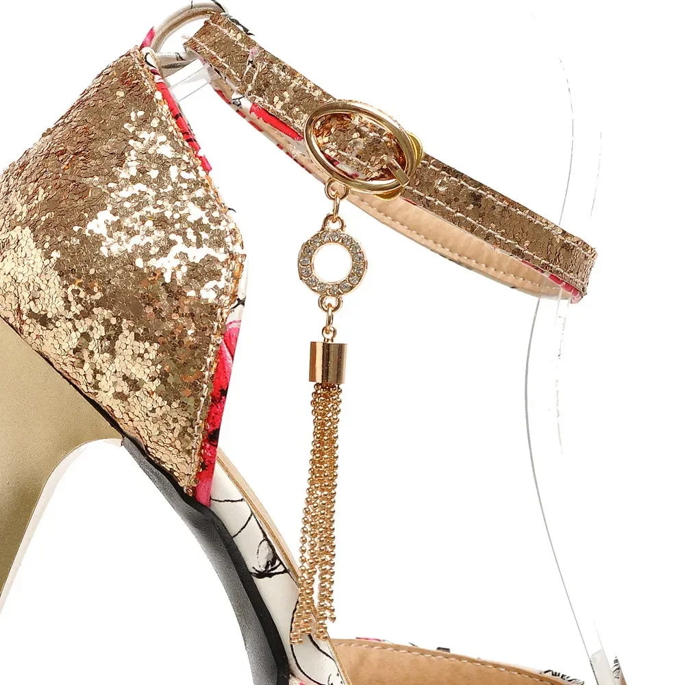 Glitter Women Platform Sandals Red Blue Flower Frint High Spike Heel Party Lady Tassel Sequined Cloth Ankle Strap Thin Stilettos view 5