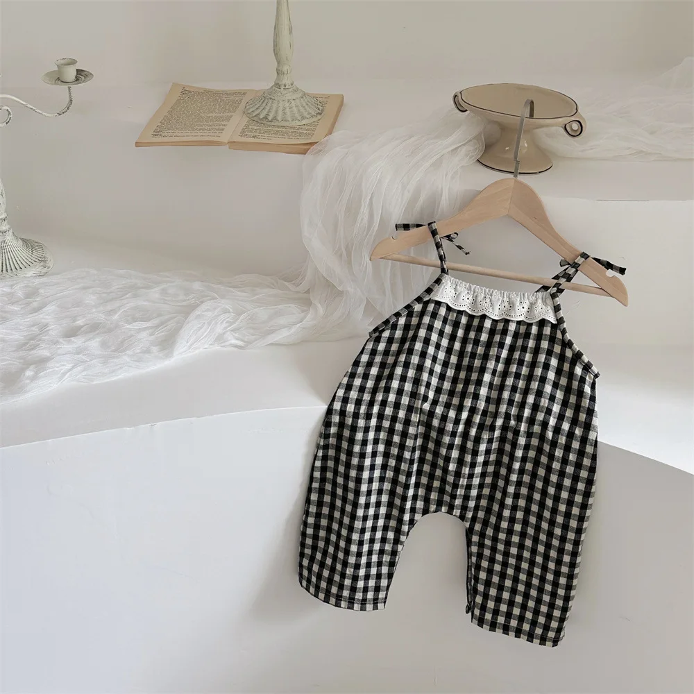 2024 Autumn New Baby Girl Sleeveless Plaid Jumpsuit Newborn Princess Cotton Romper Infant Girl Dot Print Shirts Toddler Outfits