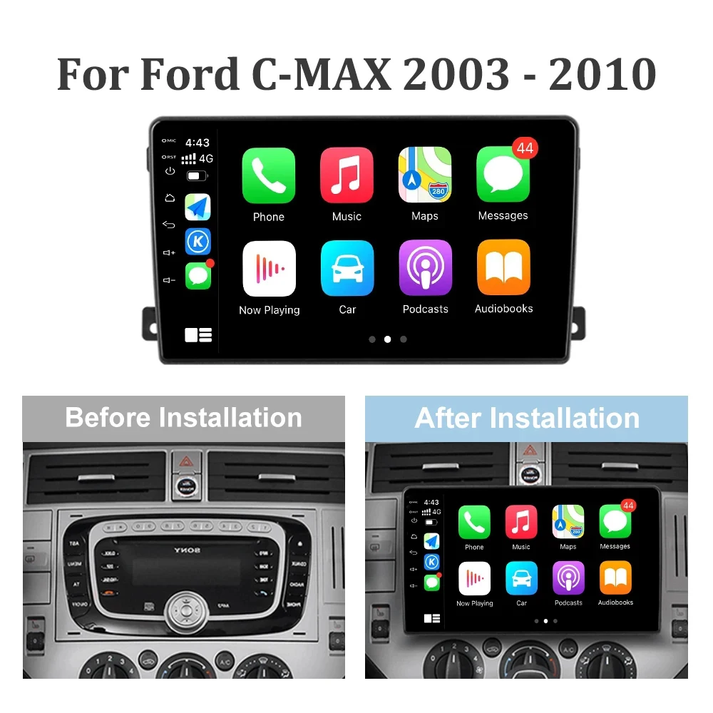 For Ford C-MAX 2003 - 2010 Android13 4G Car Radio Multimedia Navigation GPS Bluetooth Stereo Wirelss Carplay 2 Din Screen