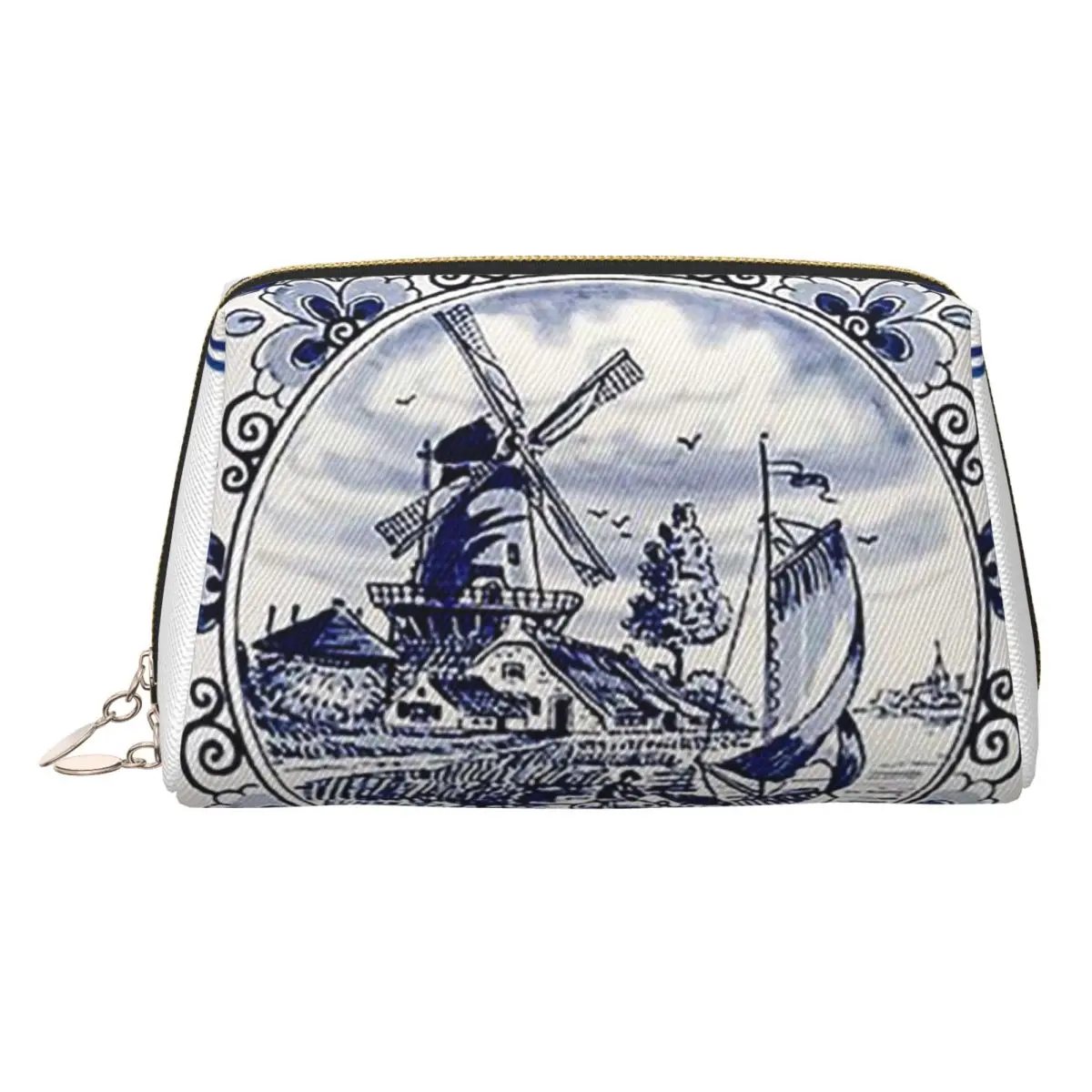 Dutch Blue Delft Vintage Windmill Print Women Cosmetic Bag Travel Makeup Organizer Pouch Toiletry Storage Dopp Kit Case