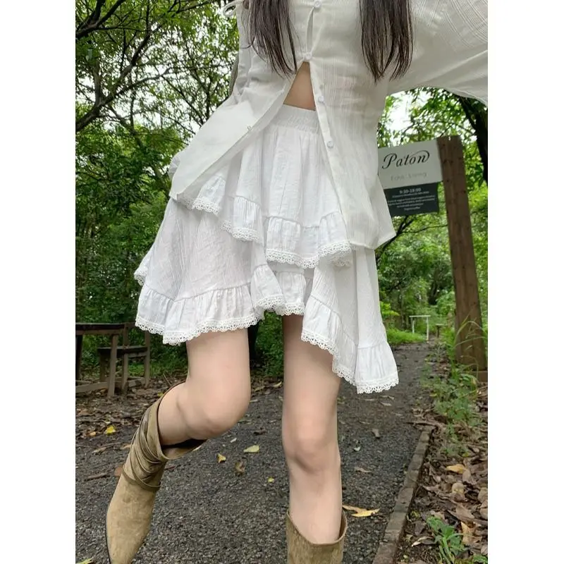 Skirts Women Simple Hotsweet All-match Lace Patchwork Fashion Korean Style Ruffles Streetwear High Waist Solid Ulzzang Stylish