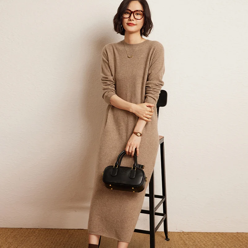 High-end New 100% Cashmere Sweater Longer Dress Women O-Neck Fashion Knitted Dresses Female Loose Casual Long Sleeve Pullover