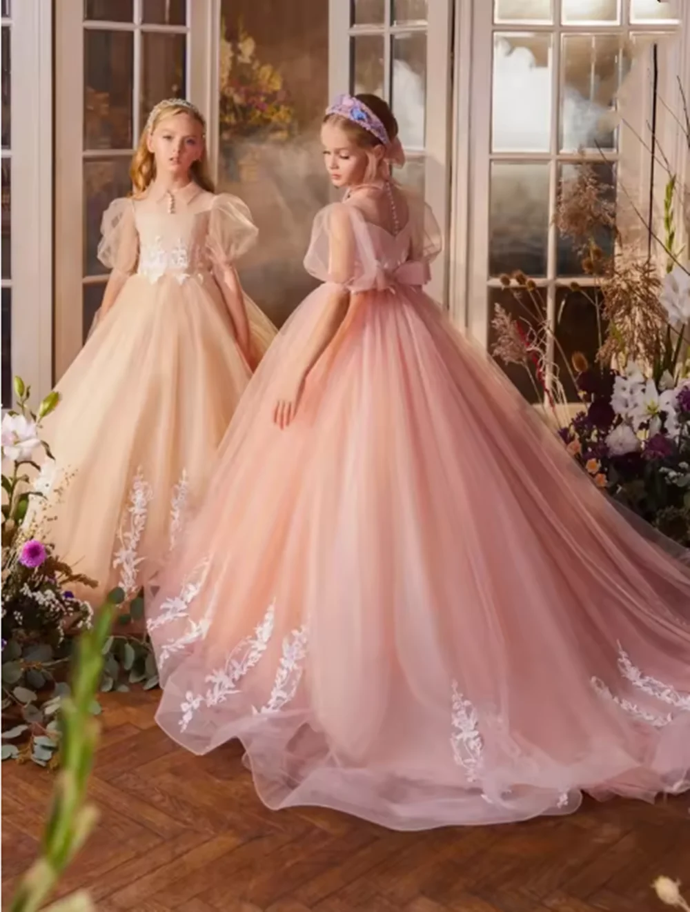 Pink Pearls Puff Sleeve Girls Dress Charming Sweet Lace Appliques Princess Gown for Banquet Party Kids Birthday Clothes