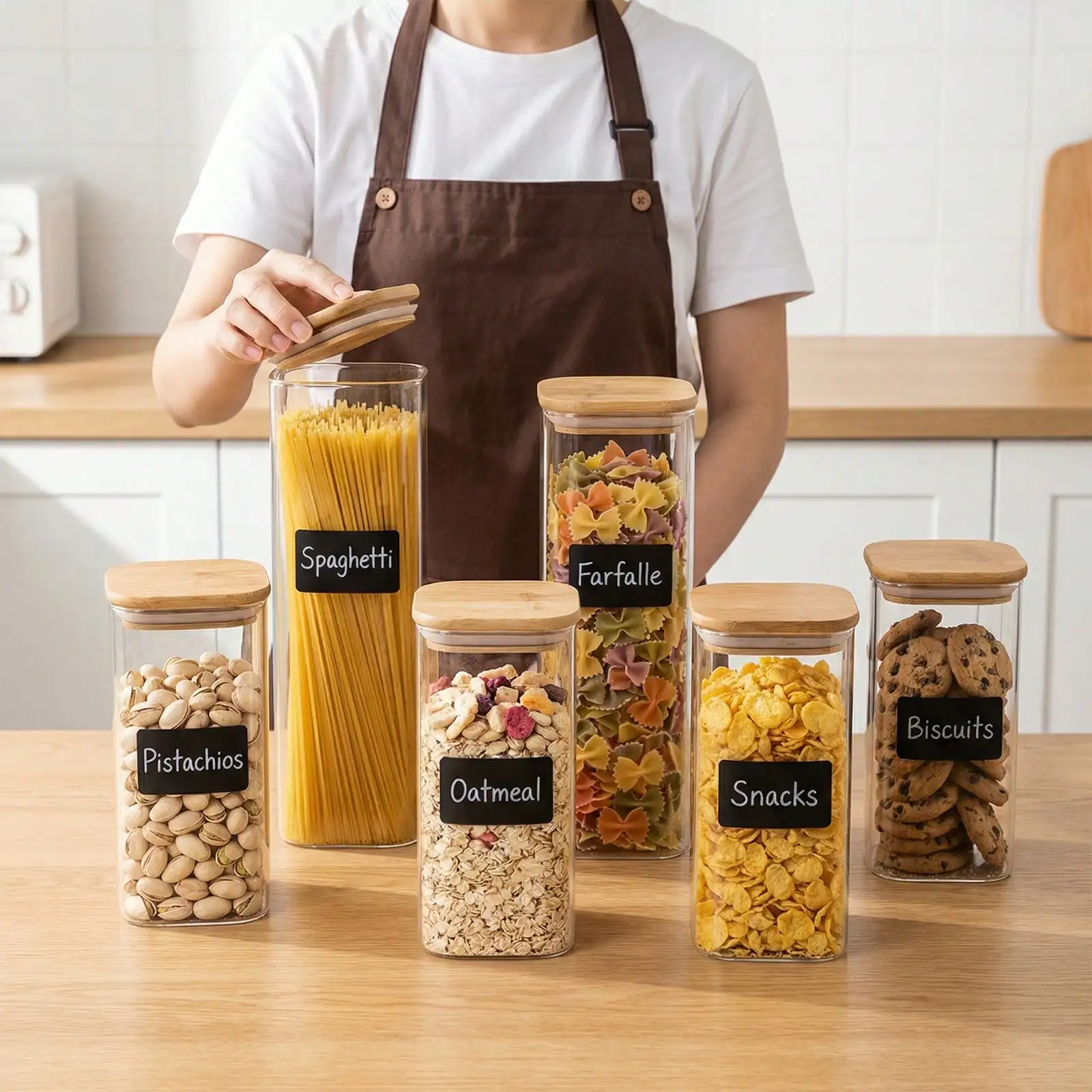 6/12pcs Glass Food Storage Containers With Lid, 2 Sizes Capacity For Flour, Sugar, Baking Supplies And Dry Food Storage, Plastic Canisters For Kitchen Pantry Organization, Kitchen Accessories