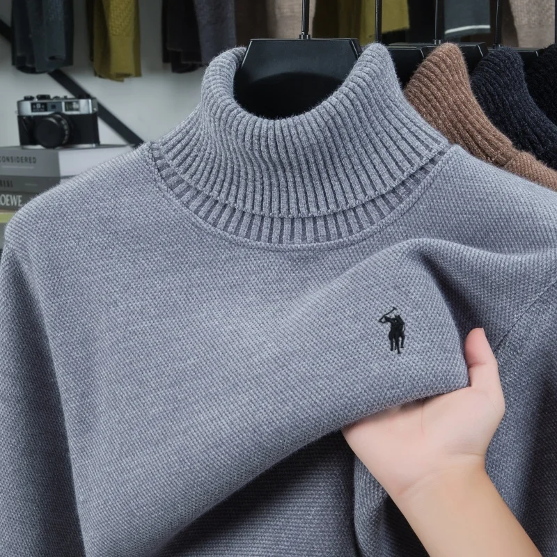Luxury brand velvet warm sweater men high neck top winter new classic Paul embroidery trendy pony design casual knitted pullover