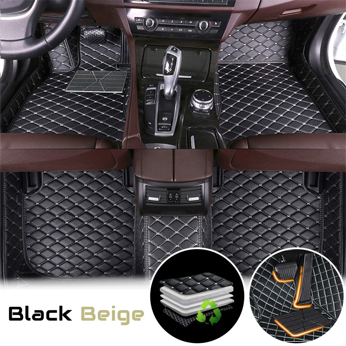 

Custom 5PCS PU Leather Car Floor Mats for VW Golf GTI 2010-2013 Black with Beige Stitching Waterproof