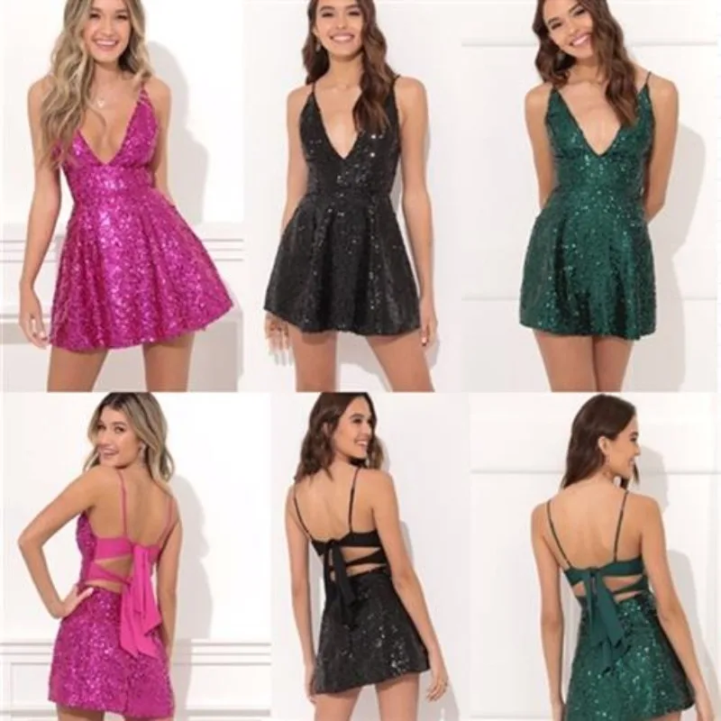 UK Latin dansjurk - Modieuze en sexy jurk met spaghettibandjes en pailletten met strikaccent, kleurblokkerende prestatiejurk