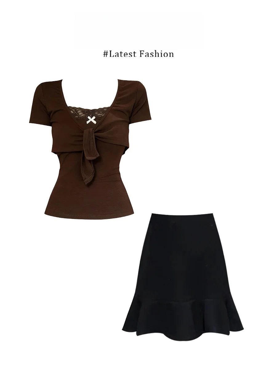 

Parkyeon Summer Slim Fit Short Sleeve Open Cardigan And Vest Set Women's Spicy Girl Style Half Skirt Ensemble Casual Fashion