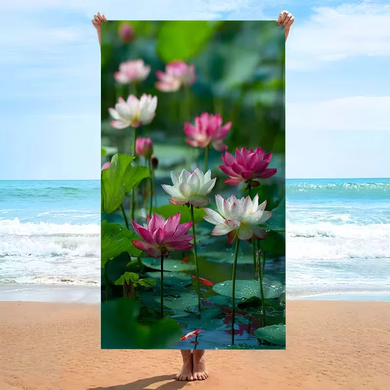 Lotus Flower Koi Fish Beach Towel Quick Dry Absorbent Sand-Free Towel for Summer Pool Spa