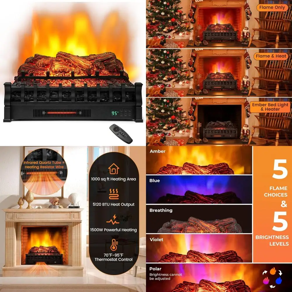 

26 Infrared Quartz Fireplace Heater with Realistic Pine Embers and Log Effect for Home Warming