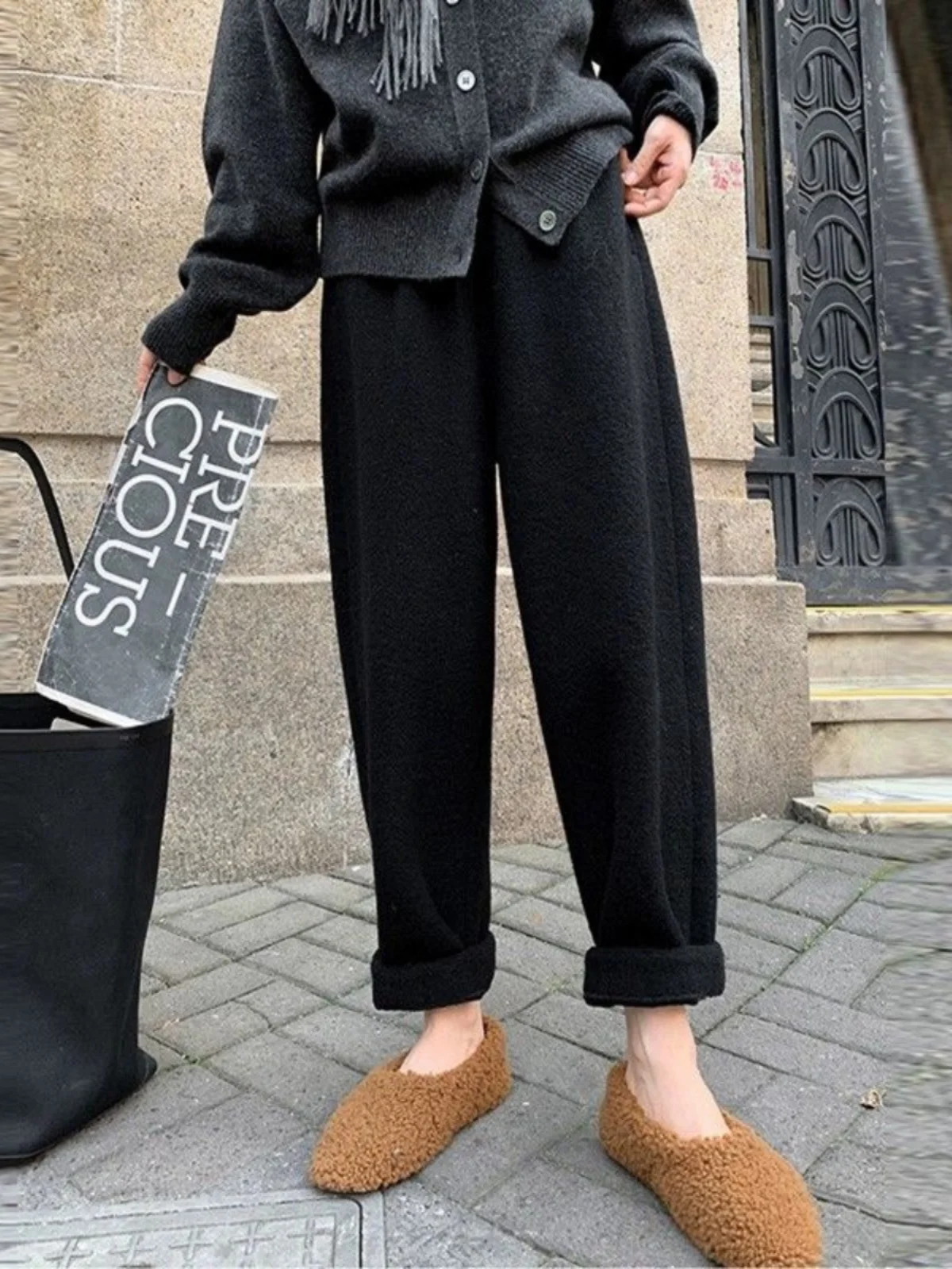 

Женские брюки больших размеров с широкими штанинами, шерстяные брюки с высокой талией, осенне-зимние повседневные брюки-харлан, стильные и универсальные, большие размеры (MM)