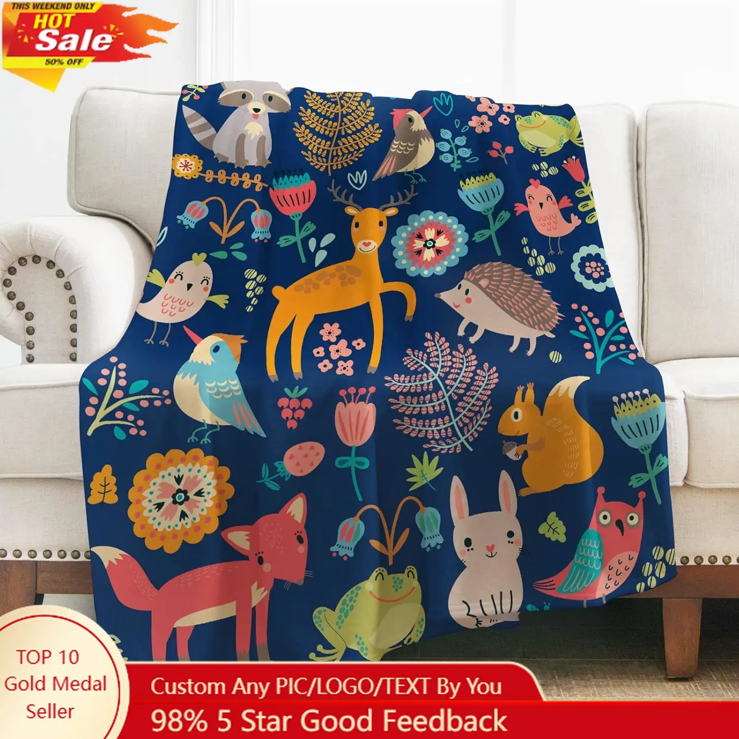 

Levens Forest Animals Throw Blanket Gifts for Women Girls, Warm Deer Rabbit Owl Fox Theme Decor for Couch Bed Sofa Travelling, B