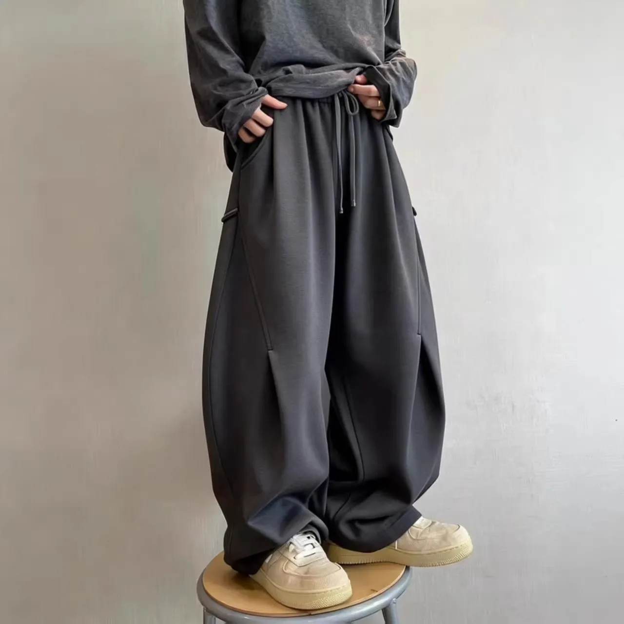 

plus Size Men's Autumn Winter Fce Lined Loose Wide Leg Pants Slimming Effect Casual Versatile Trousers for Heavy Du