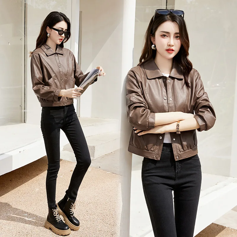 American high-end leather jacket for women's short 2024 Spring and Autumn New Fashion Simple and Versatile Leather Jacket